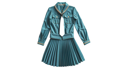 Obraz premium Stylish blue pleated dress featuring long sleeves and buttoned pockets, perfect for any formal or casual occasion.