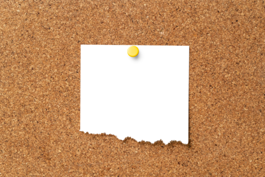 Pinned note mockup png, ripped memo on brown corkboard