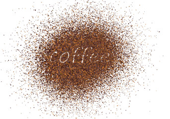The word coffee is written with scattered powder. Text made from coffee or chocolate powder flying dust particles on white background. Crushed granules of sand or brown cane sugar, vector illustration