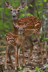 Young deer standing next to an adult deer in a beautiful lush green forest setting