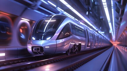 Futuristic high-speed train traveling through a sleek, illuminated tunnel, showcasing advanced technology and modern design