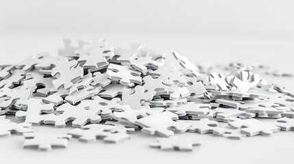 A white jigsaw puzzle on a white background with some pieces scattered and some piled up 