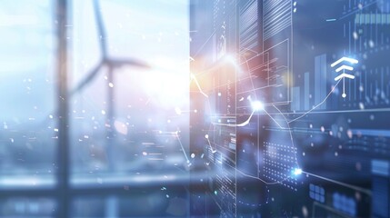 Obraz premium Wind turbines with a digital overlay