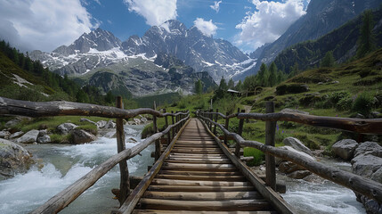 Fototapeta premium Scenic wooden bridge in alpine landscape with snow-capped mountains