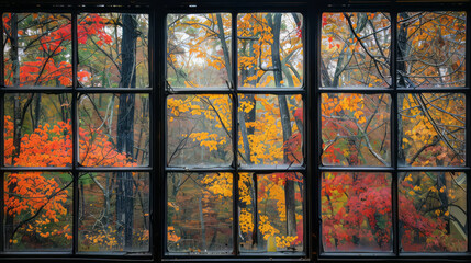 Autumn colors seen through a large window with trees in view