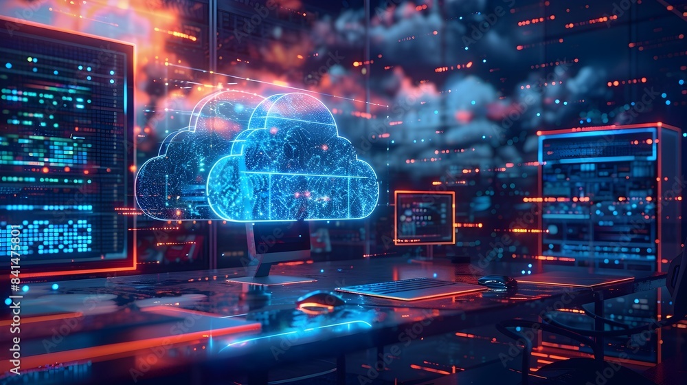 Poster futuristic high tech workspace powered by cloud computing and innovation