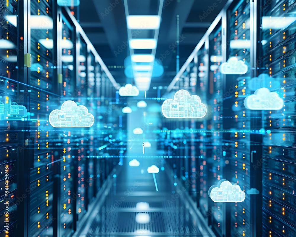 Poster cutting edge server room with cloud computing infrastructure and data streams