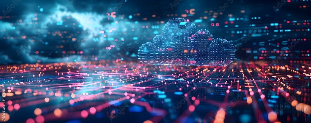 Poster futuristic cloud computing innovation with digital tools and applications