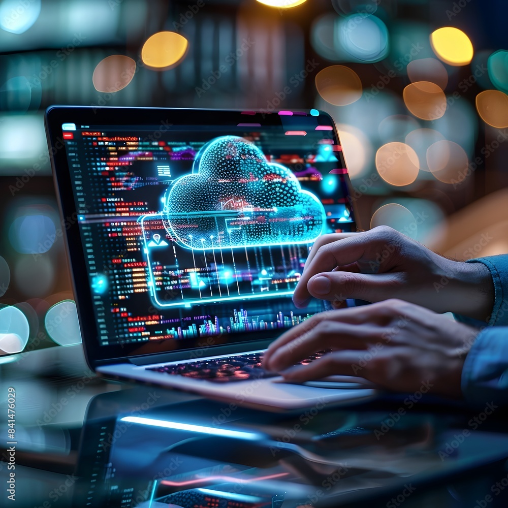 Aufkleber businessperson using cloud based software on laptop with real time data synchronization