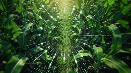 An overhead view of a lush evenlyfertilized crop field thanks to advanced technology and artificial intelligence.