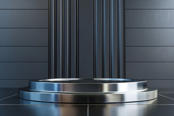 Sleek Metallic Podium with Industrial Black Metal Background in Modern Setting