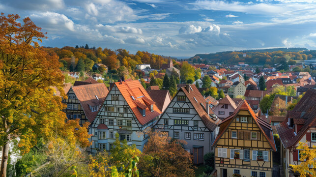 Panoramic view of Ulm in autumn with traditional German houses