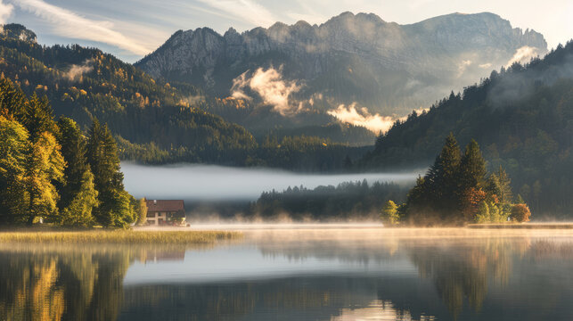 A misty morning over Geroldsee with mountain backdrop, Bavaria, Germany