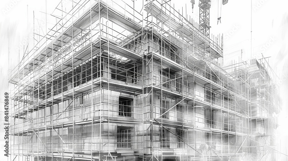 Poster Pencil drawing of a building under construction with detailed scaffolding and crane. Generative AI.