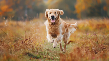 Obraz premium Golden retriever jumping in grassy field on a sunny day