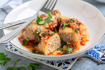Cabbage rolls with meat and bulgur or rice.