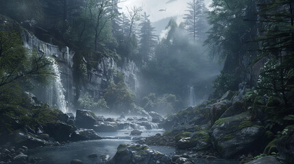 Mystical river gorge with cascading waterfalls in dense forest - Powered by Adobe