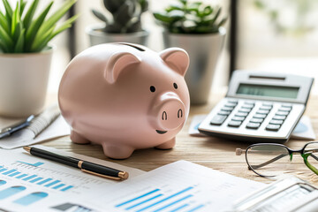Piggy bank and financial documents on a desk