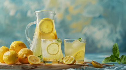 Fototapeta premium Refreshing homemade lemonade with honey in a glass carafe and glasses