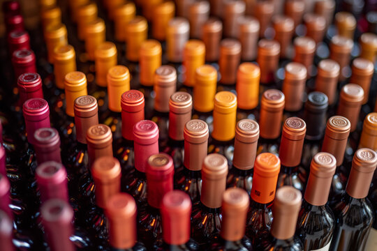 Close-up of colorful wine bottles in rows at a store
