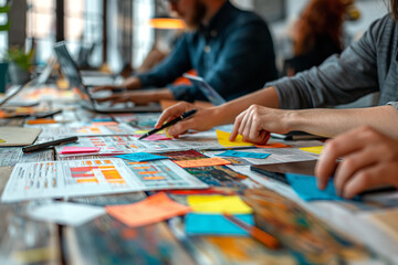 Fototapeta premium Business team collaborating on project with colorful sticky notes at modern office