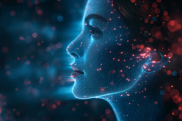 Obraz premium Futuristic digital woman profile with neon glowing particles