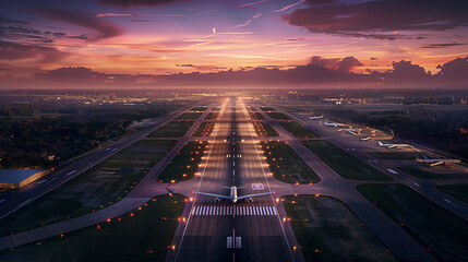 The runway in airport in the sunset. Shiny blurred lights of airplane jet aircraft or airplane. Tourism travel aviation or military fighter plane.