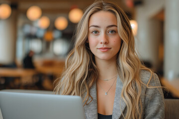 Fototapeta premium Young woman working on laptop in modern cafe setting