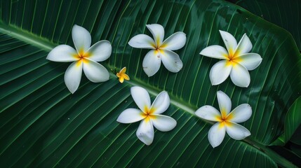 Obraz premium Flowers seen from above on a background of banana leaf