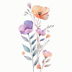 Watercolour wildflower clip art, vector illustration, soft pastel colours on white background, minimalist design style