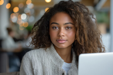 Young woman with curly hair working on a laptop in a cafe