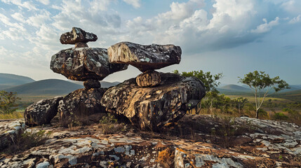 Large area of balancing rocks in scenic landscape near Wangetti