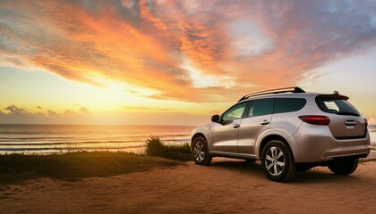 Obraz premium Sunset Bliss: Luxury SUV Parked on the Beach for the Ultimate Summer Vacation