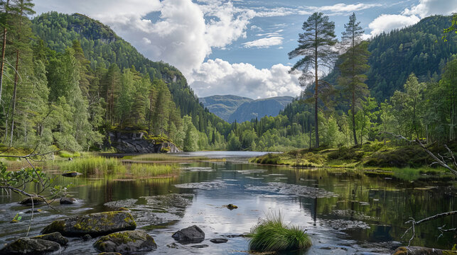 Scenic mountain lake in Tufsindalen Valley, Hedmark, Norway