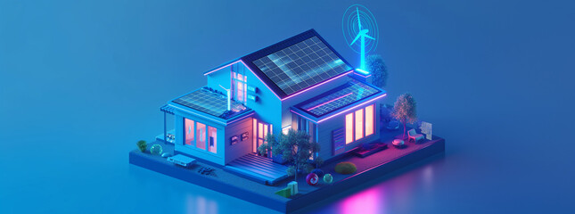 Fototapeta premium 3D rendering of an ecofriendly house with solar panels on the roof, surrounded by energy and carbon data visualizations, symbolizing sustainable living and clean power technology. 