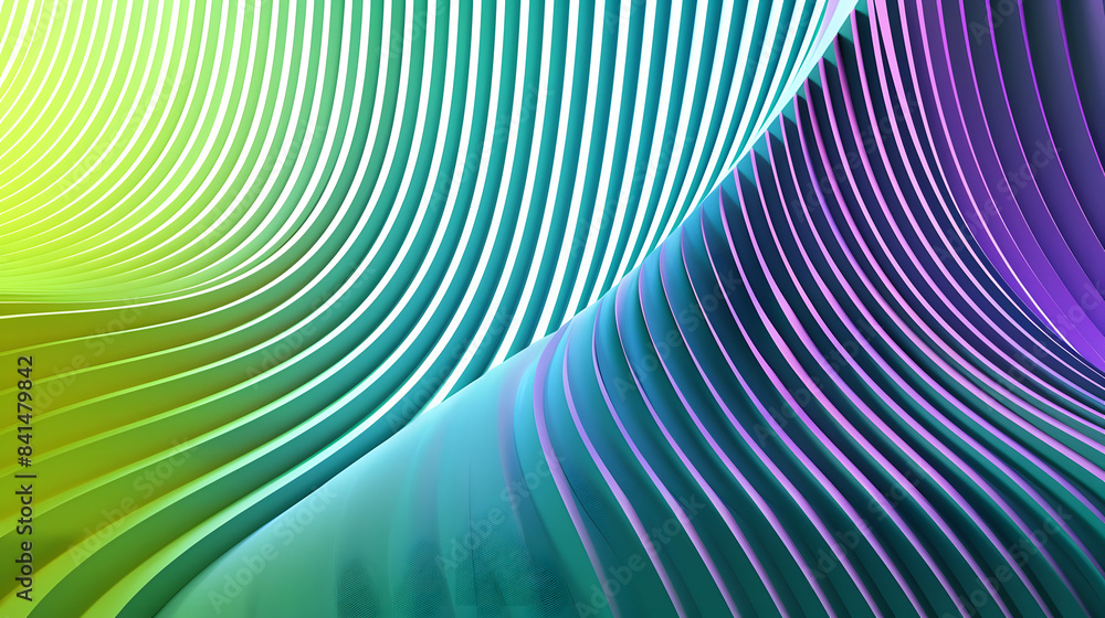 Poster 3d render. abstract background with green and yellow gradient lines on the curved wall shape