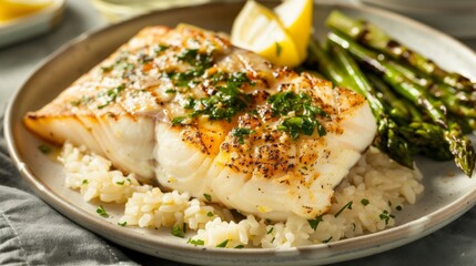 A hearty fish steak topped with a flavorful garlic butter sauce and fresh parsley, served with a side of rice pilaf and grilled asparagus spears