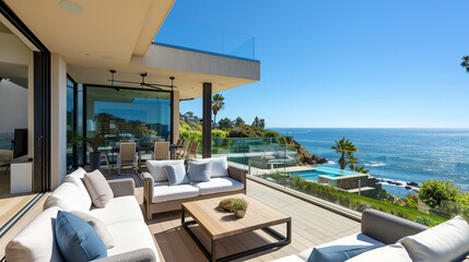 Fototapeta premium A luxurious American coastal home with large balconies, ocean views, and modern outdoor furniture.