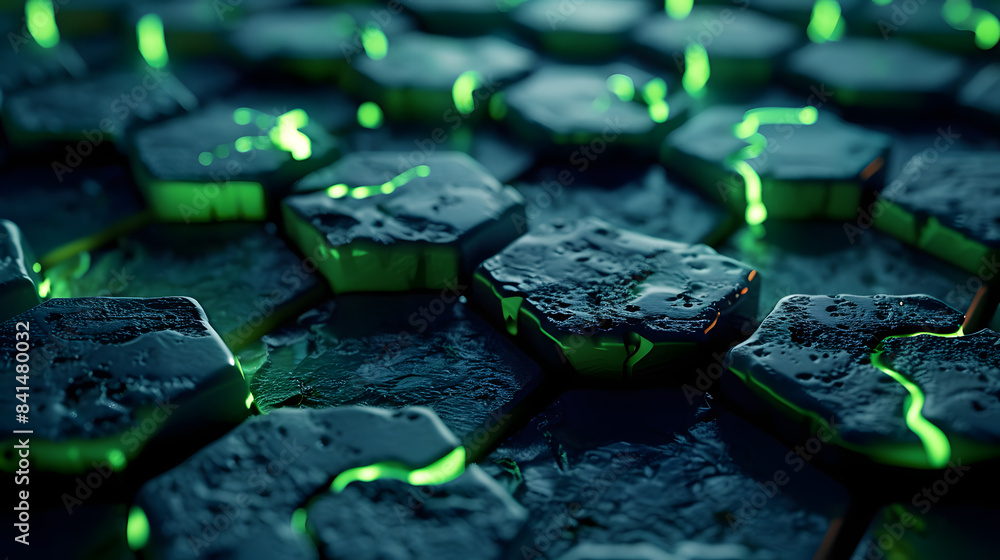 Poster 3d render. abstract background with green glowing hexagons on a dark blue canvas
