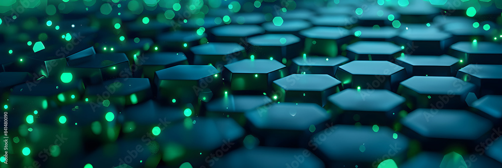 Poster 3d render. abstract background with green glowing hexagons on a dark blue canvas