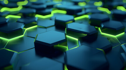 3D render. Abstract background with green glowing hexagons on a dark blue canvas 
