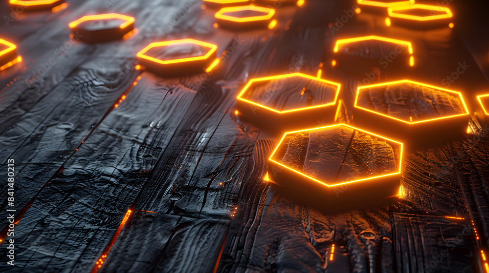 Poster 3d render. abstract background with orange glowing hexagons shapes on a dark wood texture.