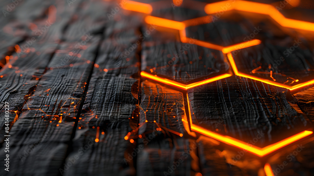 Poster 3d render. abstract background with orange glowing hexagons shapes on a dark wood texture.