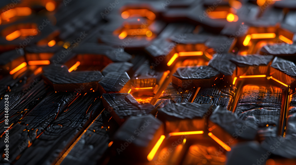 Poster 3d render. abstract background with orange glowing hexagons shapes on a dark wood texture.