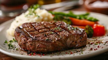 A juicy and tender steak cooked to perfection, served with a side of garlic mashed potatoes vegetables, representing the epitome of American steakhouse dining