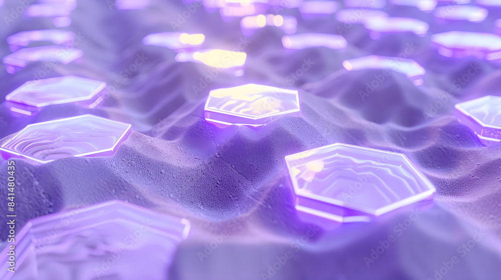 Poster 3d render. abstract background with purple glowing hexagons on a white sand texture.
