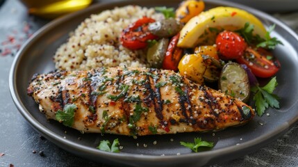 A juicy chicken breast steak marinated in a zesty lemon herb sauce, grilled to tender perfection, and served with a side of quinoa and roasted vegetables