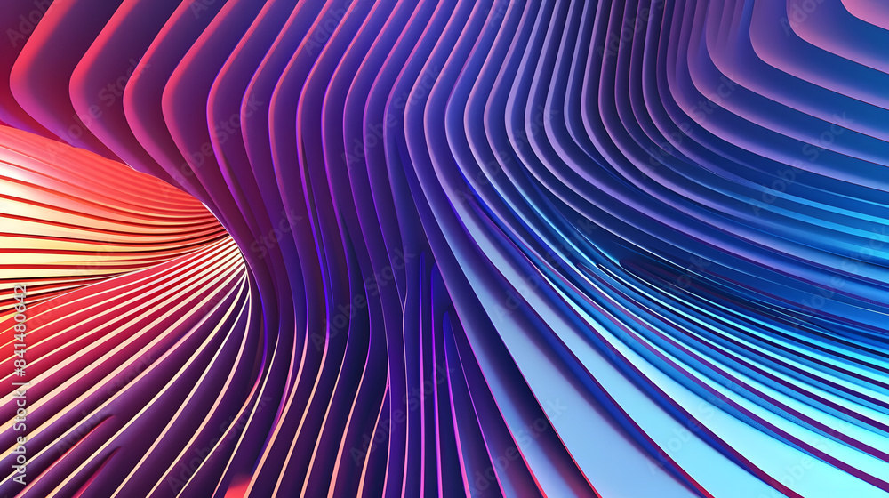 Poster 3d render. abstract background with red and blue gradient lines on the curved wall shape
