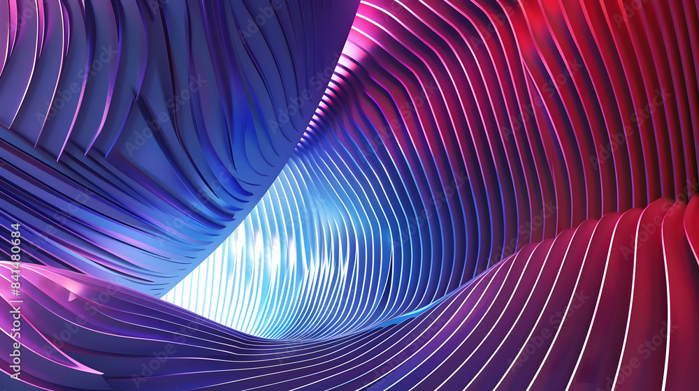 Poster 3d render. abstract background with red and blue gradient lines on the curved wall shape