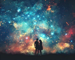 Fototapeta premium A Couple Celebrates a Special Occasion with a Breathtaking Fireworks Display in the Background